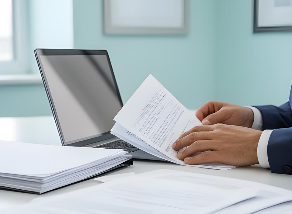 Legal adviser reviewing contract pages in an office