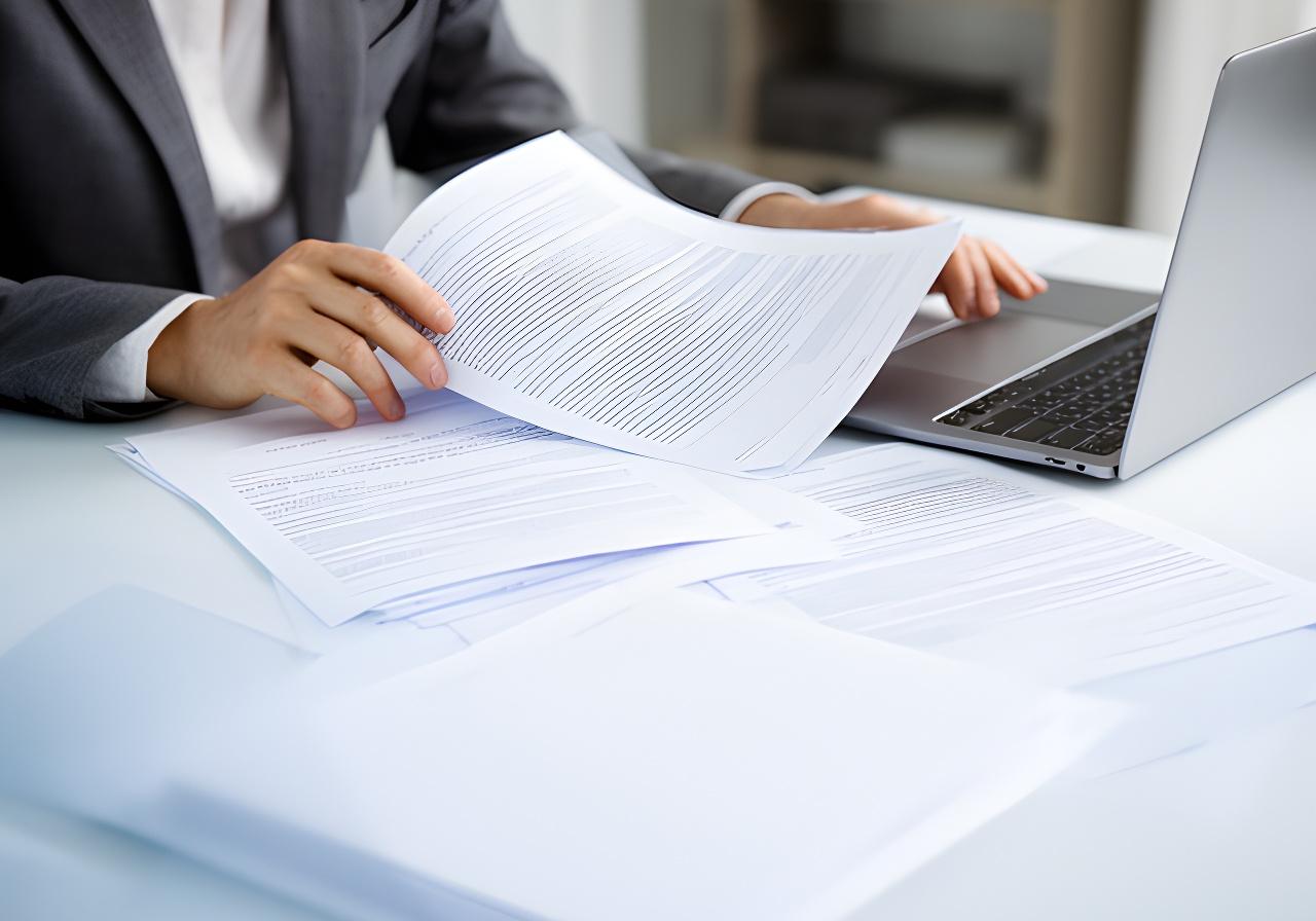 Legal consultant reviewing contract pages in an office