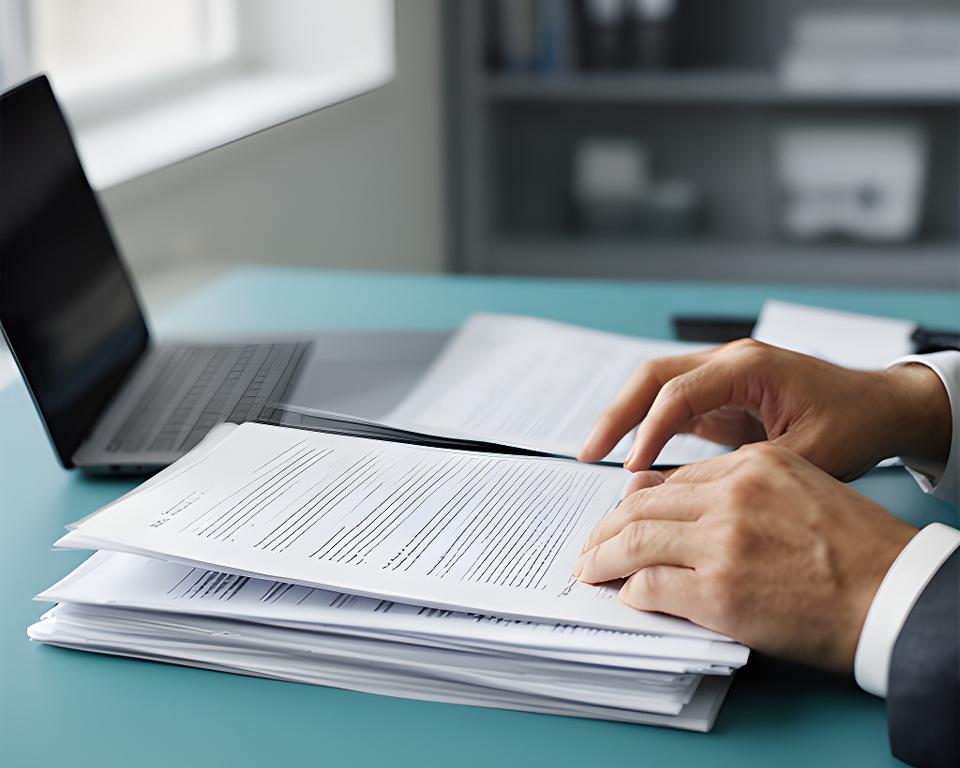 Legal consultant reviewing contract papers in an office