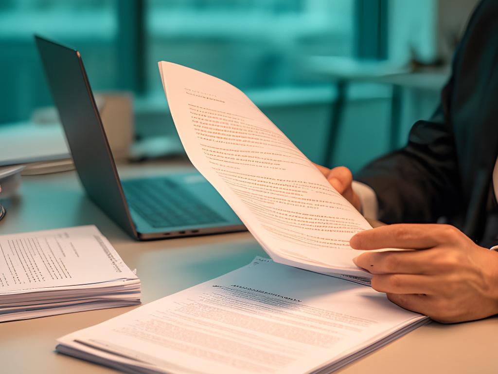 Legal professional reviewing a contract at a desk with documents, laptop, and a warm office setting